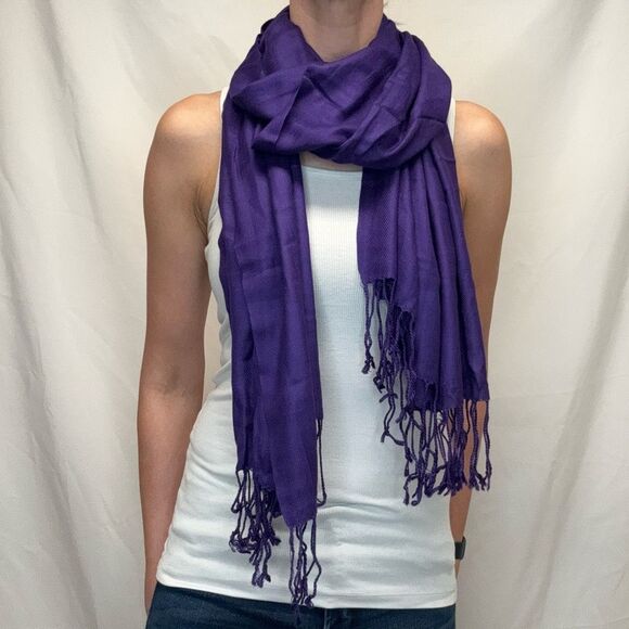 unknown Accessories - Unbranded Womens Neck Scarf Pashmina Deep Dark Cool Purple Tassels Fringe Ribbed